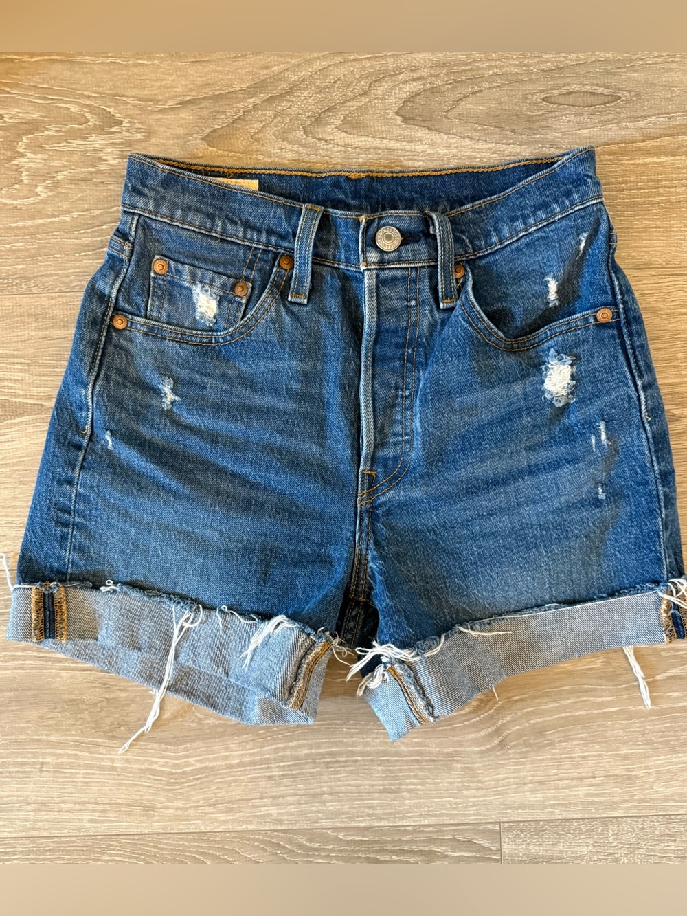 Levi's Dark Blue Distressed Rolled-Hem Jean Shorts